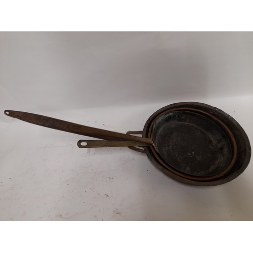 43 - 3 x Vintage Copper Pans, largest with iron forged handle 28cm diameter