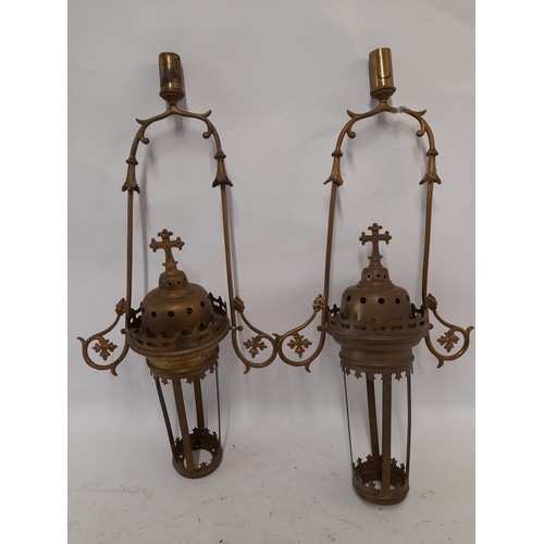 64 - 2 x Brass Religious swinging lanterns, 54cm high