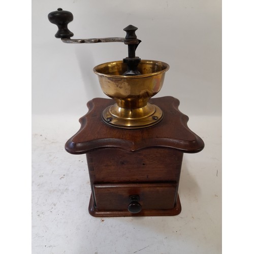 63 - Continental Wood and Brass Coffee' Grinder, 15cm x 15cm x 25cm