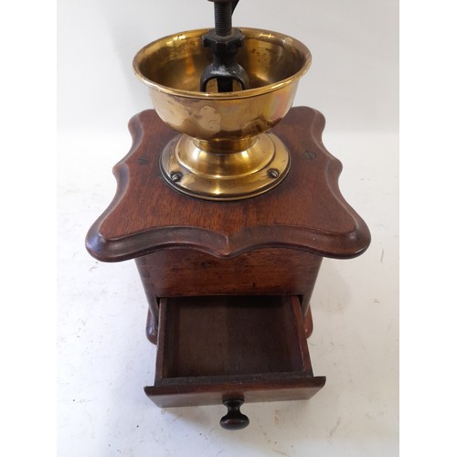 63 - Continental Wood and Brass Coffee' Grinder, 15cm x 15cm x 25cm