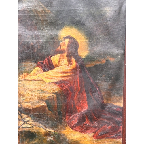 50 - Antique Oil On Canvas Oil Painting Of Christ In Wooden Frame With Light Faint Signature And Date Bot... 