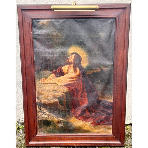 50 - Antique Oil On Canvas Oil Painting Of Christ In Wooden Frame With Light Faint Signature And Date Bot... 