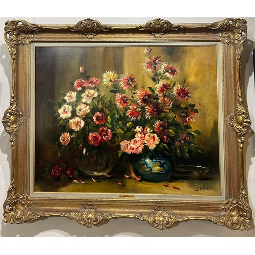 51 - Large Vintage Framed Oil On Canvas Still Life Painting Of Flowers, Signed Bottom Right Gustave Helin... 