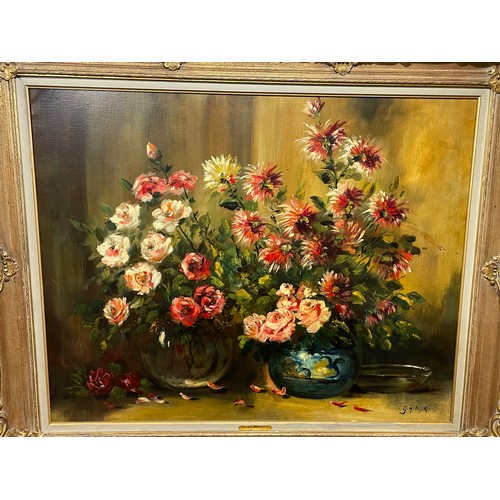 51 - Large Vintage Framed Oil On Canvas Still Life Painting Of Flowers, Signed Bottom Right Gustave Helin... 