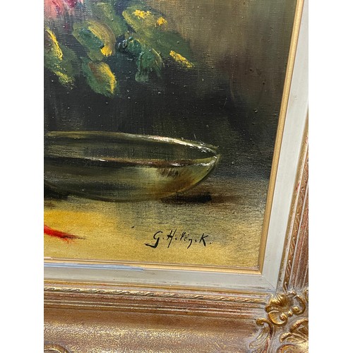 51 - Large Vintage Framed Oil On Canvas Still Life Painting Of Flowers, Signed Bottom Right Gustave Helin... 