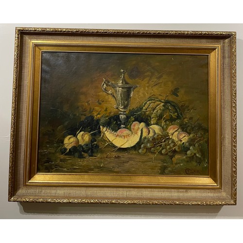 52 - Vintage Framed  Continental Oil On Canvas Painting Still Life Of Fruit Signed G Fratelli ? Bottom Ri... 