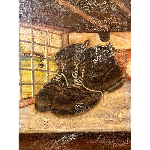 58 - Oil On Canvas Framed Oil Painting Pair Of Boots In The Style Of Van Gogh, Signed Bottom Right. 76cm ... 