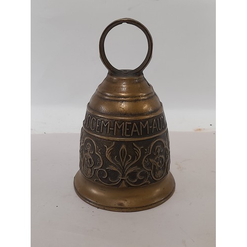 134 - Brass Bell with relief decoration and latin inscription, 21cm x 13cm