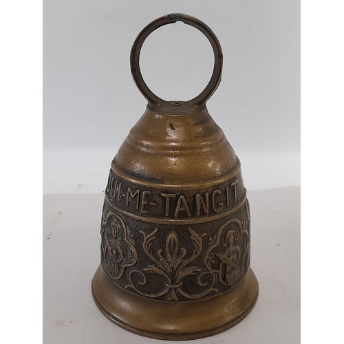 134 - Brass Bell with relief decoration and latin inscription, 21cm x 13cm