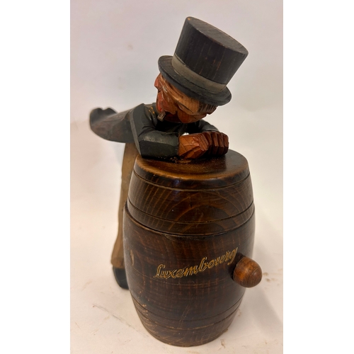 242 - Novelty Hand Carved Drunken Man Vesta  Marked Luxembourg. 17cm x 18cm x 7cm.