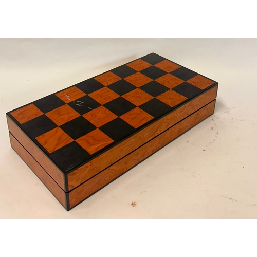 245 - Mahogany Backgammon And Chess Board With Contents Inside. 28cm x 15cm.