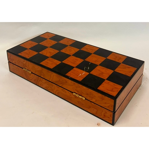 245 - Mahogany Backgammon And Chess Board With Contents Inside. 28cm x 15cm.