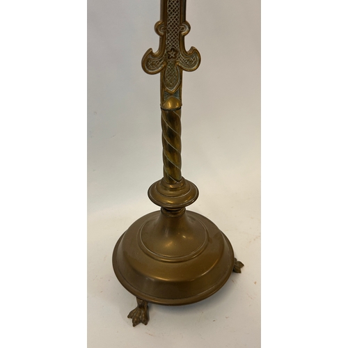 246 - Brass Altar Crucifix On Three Lion Paw Feet Base. 56cm x24cm.