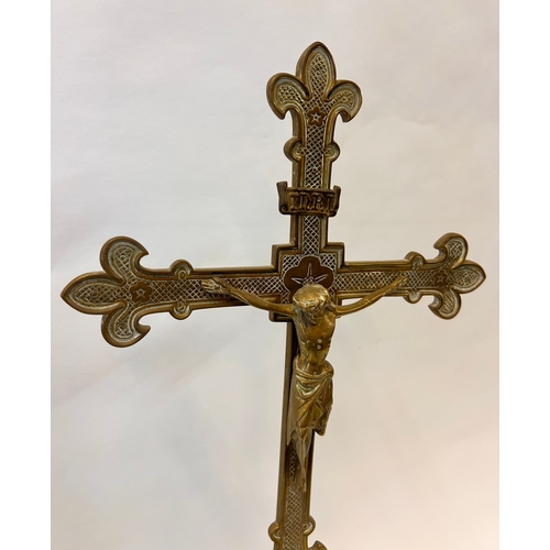 246 - Brass Altar Crucifix On Three Lion Paw Feet Base. 56cm x24cm.