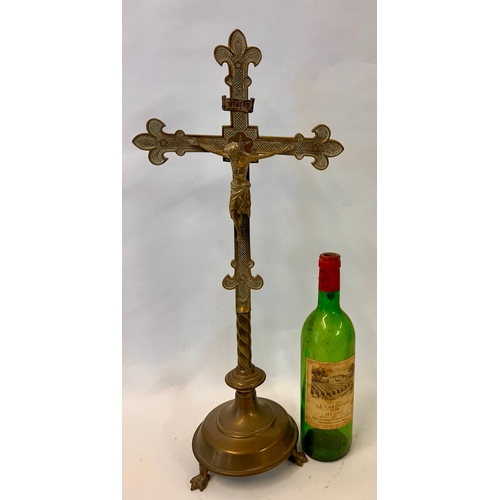 246 - Brass Altar Crucifix On Three Lion Paw Feet Base. 56cm x24cm.