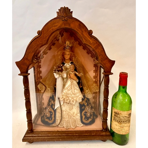 260 - Wax Model Of Madonna And Child In Wooden Glass Fronted Display Case. 52cm x 36cm x 15cm.