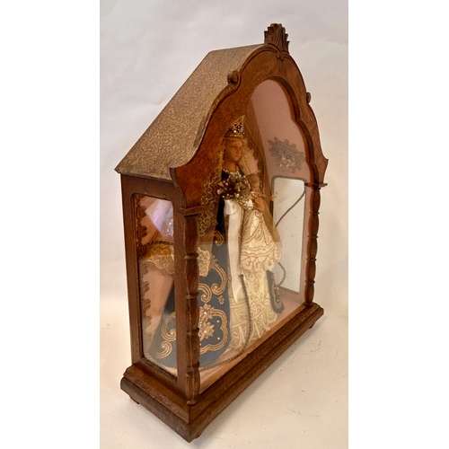 260 - Wax Model Of Madonna And Child In Wooden Glass Fronted Display Case. 52cm x 36cm x 15cm.