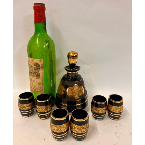 262 - Vintage Black And Gold Decorative  Six Glasses And One Decanter. Largest 18cm x 10cm.  (7)