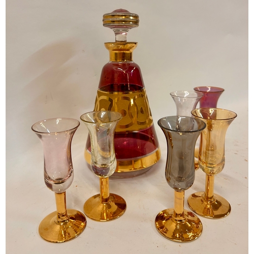 263 - Six Vintage Coloured Sherry Glasses Along With Coloured Decanter. Largest 22cm x 11cm.