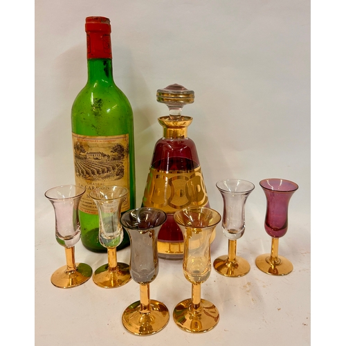 263 - Six Vintage Coloured Sherry Glasses Along With Coloured Decanter. Largest 22cm x 11cm.