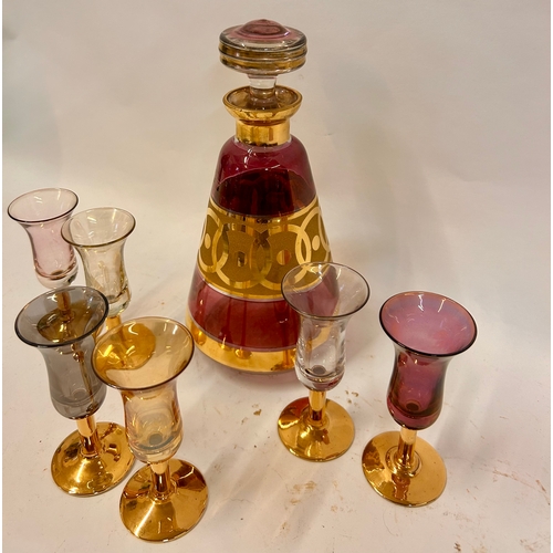 263 - Six Vintage Coloured Sherry Glasses Along With Coloured Decanter. Largest 22cm x 11cm.