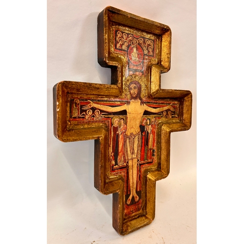 273 - Crucifix Cross On Gilt Wooden frame Possible San Damiano Wall Mount. 43cm x 32cm x 3cm