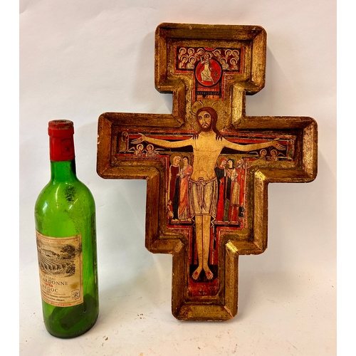 273 - Crucifix Cross On Gilt Wooden frame Possible San Damiano Wall Mount. 43cm x 32cm x 3cm