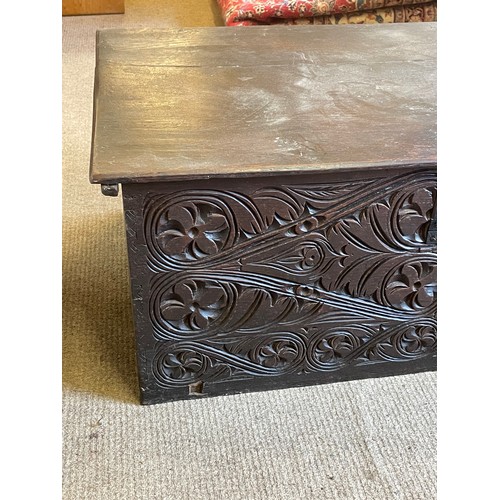 41 - Antique Oak Lidded Box With Carved Front Decoration. 82 x 48 x 43 cms