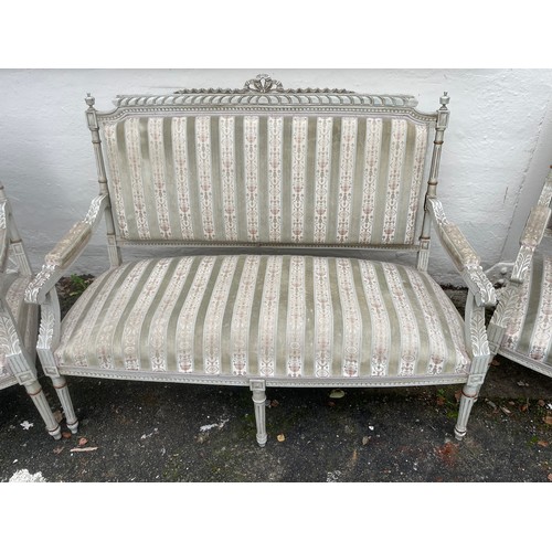 43 - French Painted Louis Style Parlour Set Comprising Of A Sofa And Two Chairs. (3)