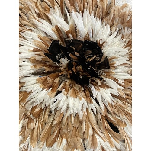 464 - Bamileke People Juju Feather Headdress With Cream And Light Brown Feathers. 75 cms Diameter.