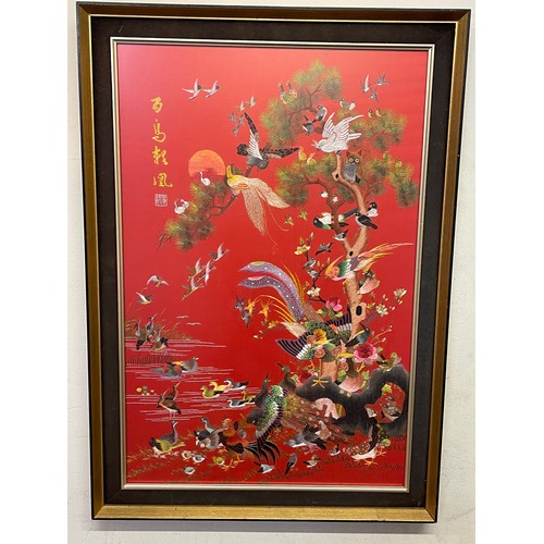 336 - Chinese Framed Silkwork / Needlework Of Birds With Signature. 76 x 54 cms