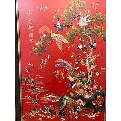 336 - Chinese Framed Silkwork / Needlework Of Birds With Signature. 76 x 54 cms