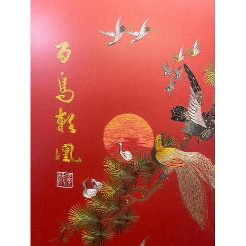 336 - Chinese Framed Silkwork / Needlework Of Birds With Signature. 76 x 54 cms