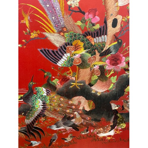 336 - Chinese Framed Silkwork / Needlework Of Birds With Signature. 76 x 54 cms