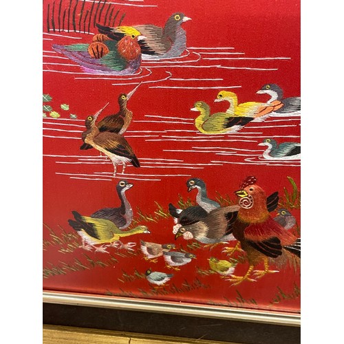 336 - Chinese Framed Silkwork / Needlework Of Birds With Signature. 76 x 54 cms