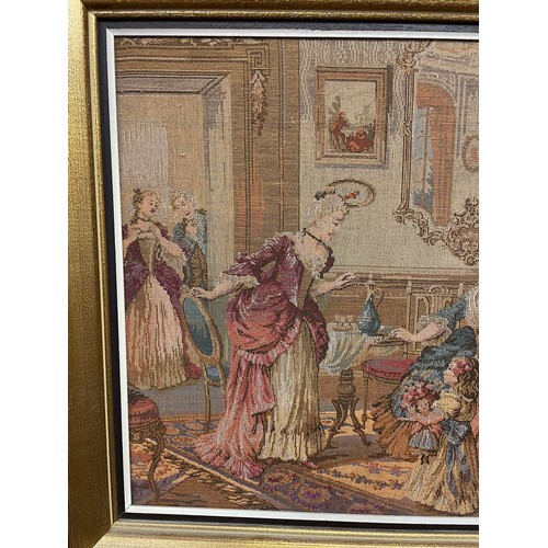 337 - Continental Framed Tapestry Of Ladies Afternoon Tea. 105 x 55 cms