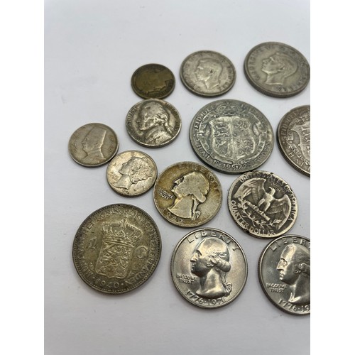 449 - A Group Of  Coins Some With Silver Content, To Include Half Crowns Washington Quarters Etc.