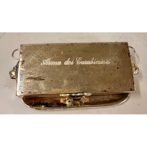 514 - Military Carabinieri Metal Pouch With Flaming Grenade Badge. 17cm x 8cm x 4cm.