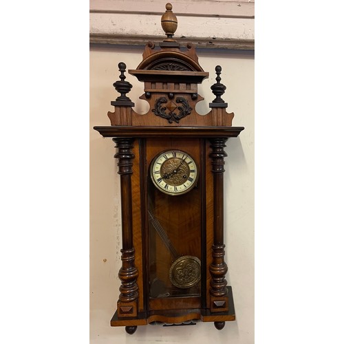 49 - Antique Vienna Wall Clock With Key And Pendulum. 100 X 39 X 19 cms