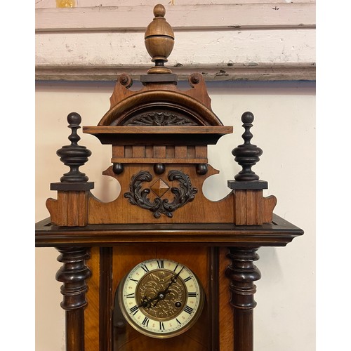 49 - Antique Vienna Wall Clock With Key And Pendulum. 100 X 39 X 19 cms