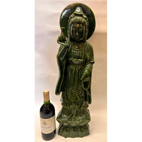 590 - A Large Chinese Green Jade Figure Of A Standing Guanyin Holding A Bottle And Beads  68cm x 20cm x 11... 