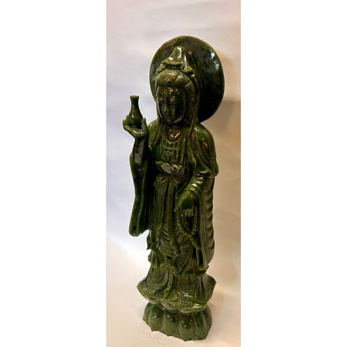 590 - A Large Chinese Green Jade Figure Of A Standing Guanyin Holding A Bottle And Beads  68cm x 20cm x 11... 