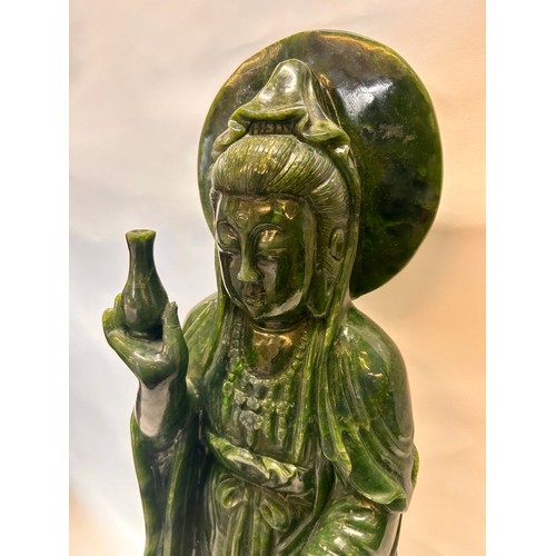 590 - A Large Chinese Green Jade Figure Of A Standing Guanyin Holding A Bottle And Beads  68cm x 20cm x 11... 