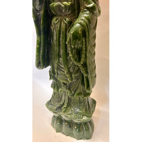 590 - A Large Chinese Green Jade Figure Of A Standing Guanyin Holding A Bottle And Beads  68cm x 20cm x 11... 