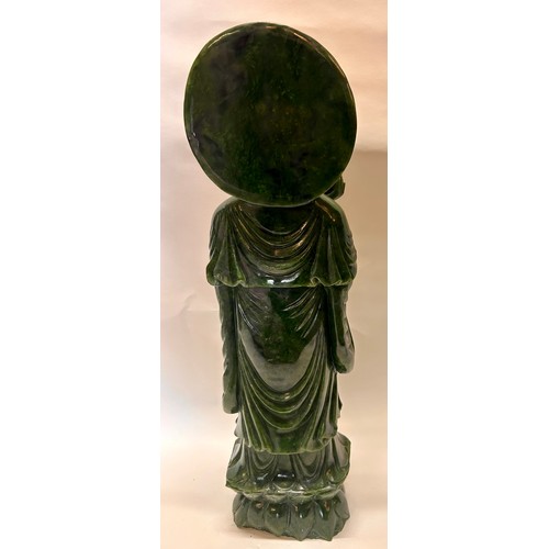 590 - A Large Chinese Green Jade Figure Of A Standing Guanyin Holding A Bottle And Beads  68cm x 20cm x 11... 