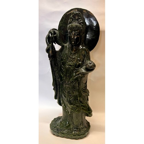 591 - A Large Chinese Dark Green Jade (Possibly Spinach Jade) Figure Of Guanyin Holding A Flower And A Sce... 