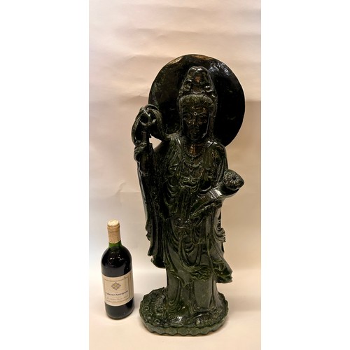 591 - A Large Chinese Dark Green Jade (Possibly Spinach Jade) Figure Of Guanyin Holding A Flower And A Sce... 