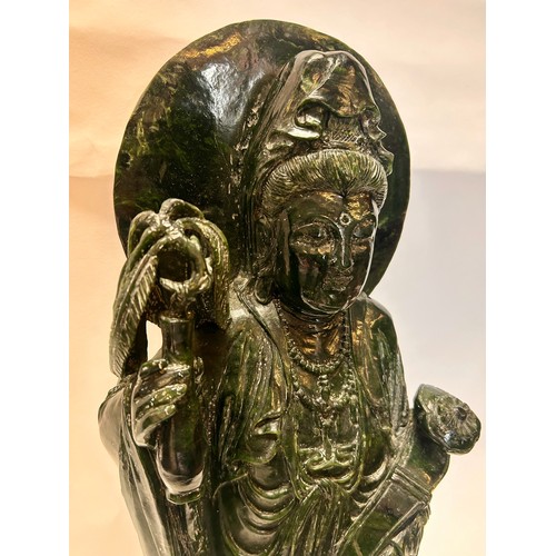 591 - A Large Chinese Dark Green Jade (Possibly Spinach Jade) Figure Of Guanyin Holding A Flower And A Sce... 