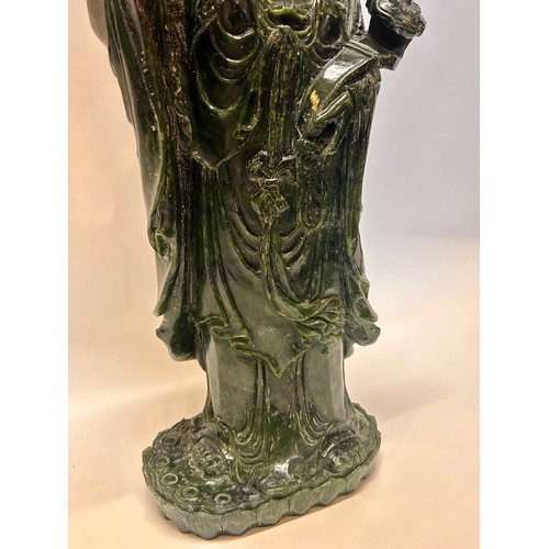 591 - A Large Chinese Dark Green Jade (Possibly Spinach Jade) Figure Of Guanyin Holding A Flower And A Sce... 