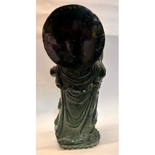 591 - A Large Chinese Dark Green Jade (Possibly Spinach Jade) Figure Of Guanyin Holding A Flower And A Sce... 